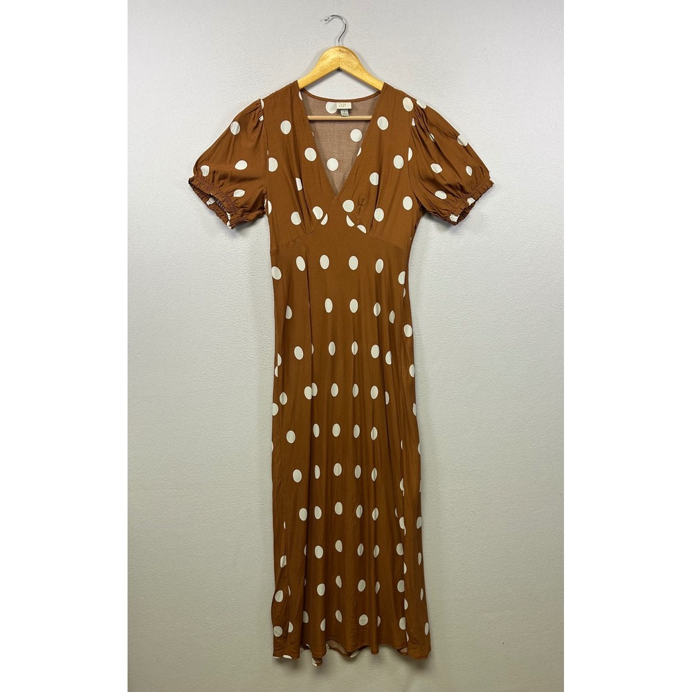 Cottagecore A New Day Womens Small Brown Polka Dot V-Neck Puff Sleeve Midi Dress